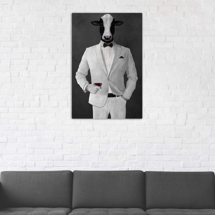 Cow Drinking Red Wine Wall Art - White Suit