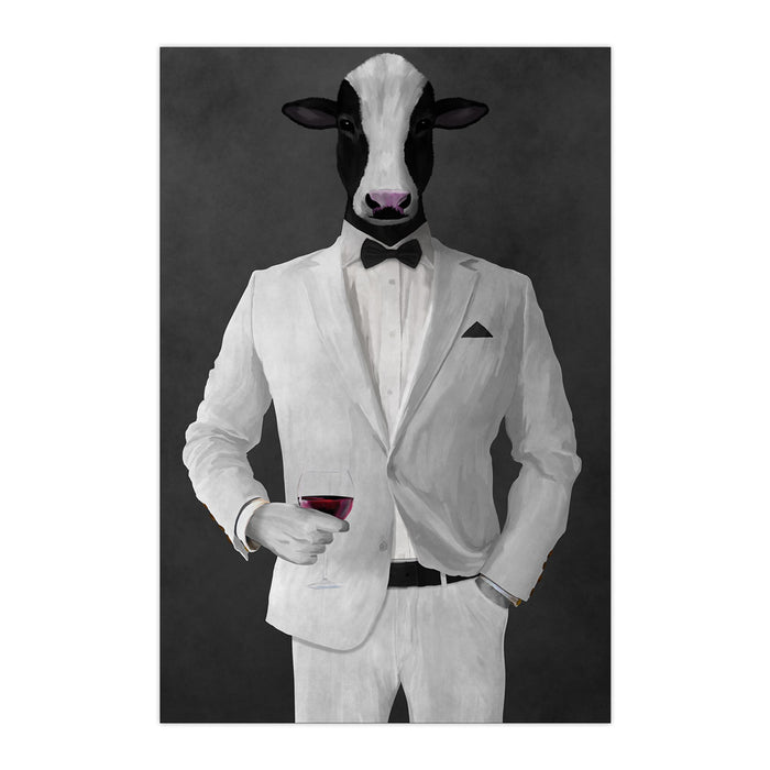 Cow Drinking Red Wine Wall Art - White Suit