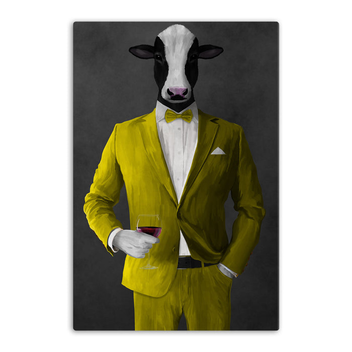 Cow Drinking Red Wine Wall Art - Yellow Suit
