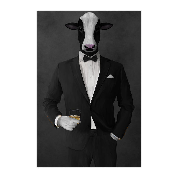 Cow Drinking Whiskey Wall Art - Black Suit