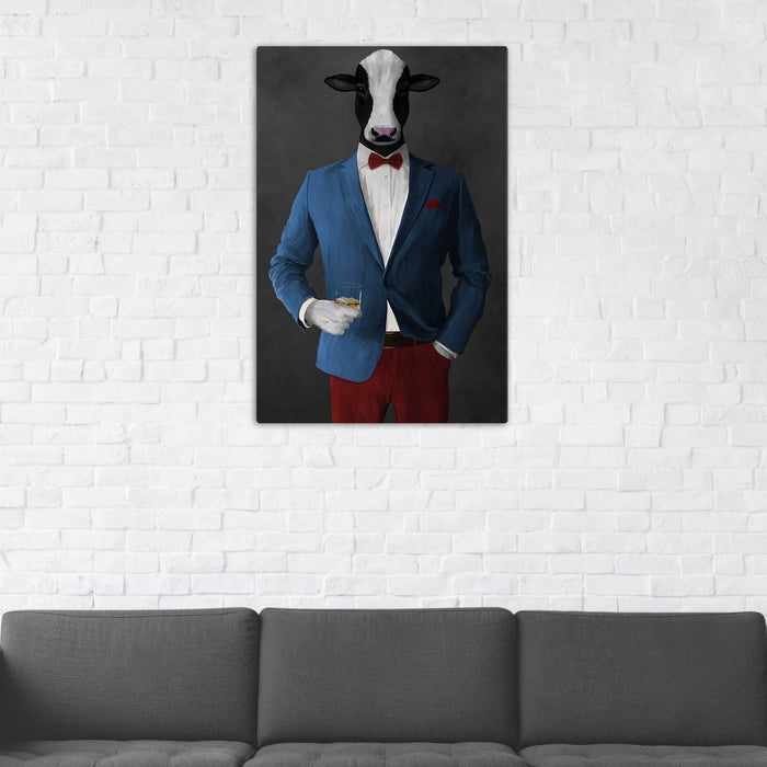 Cow Drinking Whiskey Wall Art - Blue and Red Suit