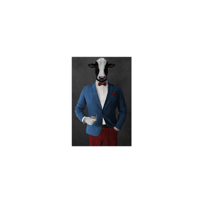 Cow Drinking Whiskey Wall Art - Blue and Red Suit