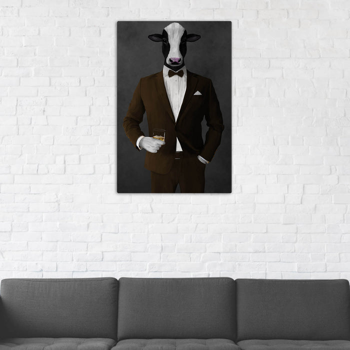 Cow Drinking Whiskey Wall Art - Brown Suit