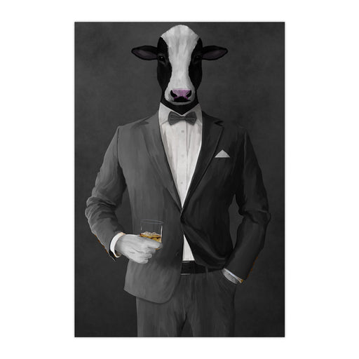 Cow Drinking Whiskey Wall Art - Gray Suit