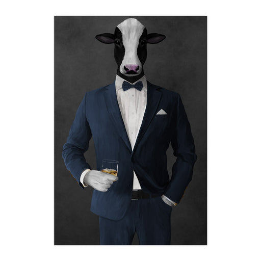 Cow Drinking Whiskey Wall Art - Navy Suit