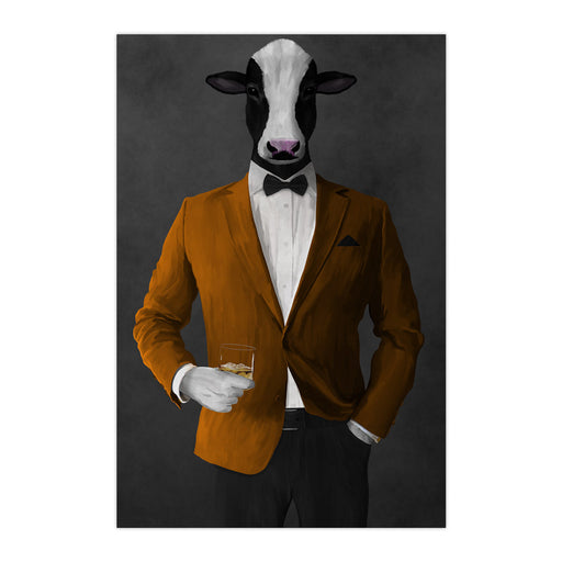 Cow Drinking Whiskey Wall Art - Orange and Black Suit