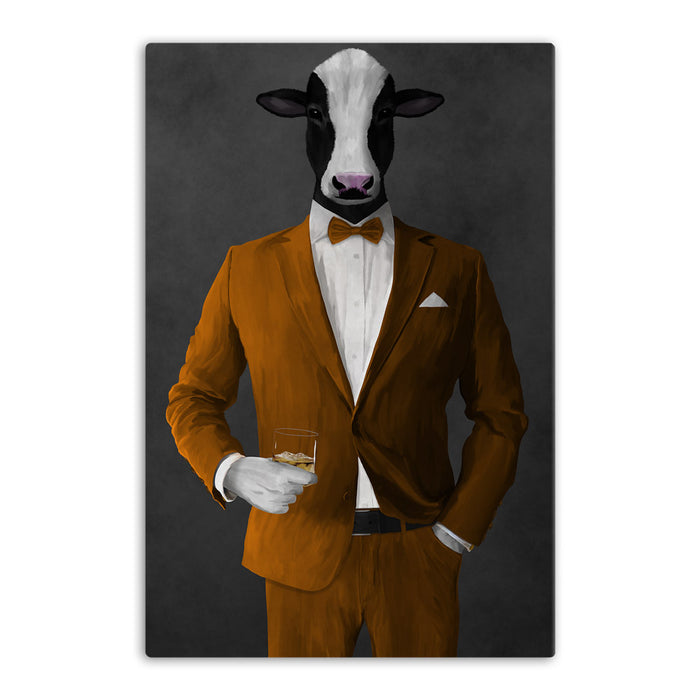 Cow Drinking Whiskey Wall Art - Orange Suit