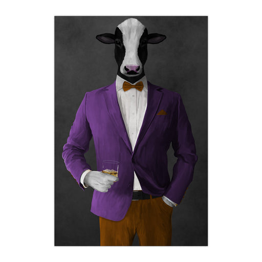 Cow Drinking Whiskey Wall Art - Purple and Orange Suit