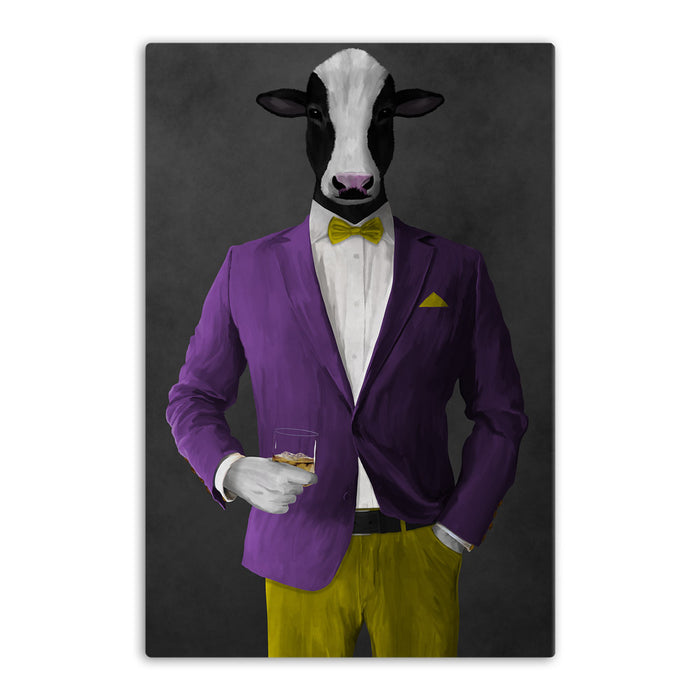 Cow Drinking Whiskey Wall Art - Purple and Yellow Suit