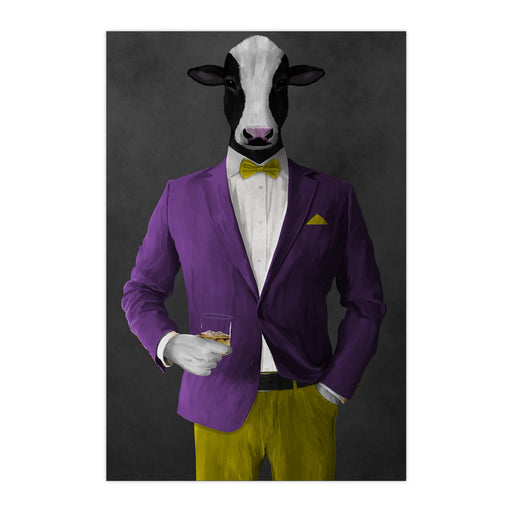 Cow Drinking Whiskey Wall Art - Purple and Yellow Suit