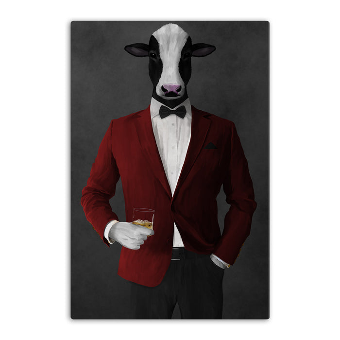 Cow Drinking Whiskey Wall Art - Red and Black Suit