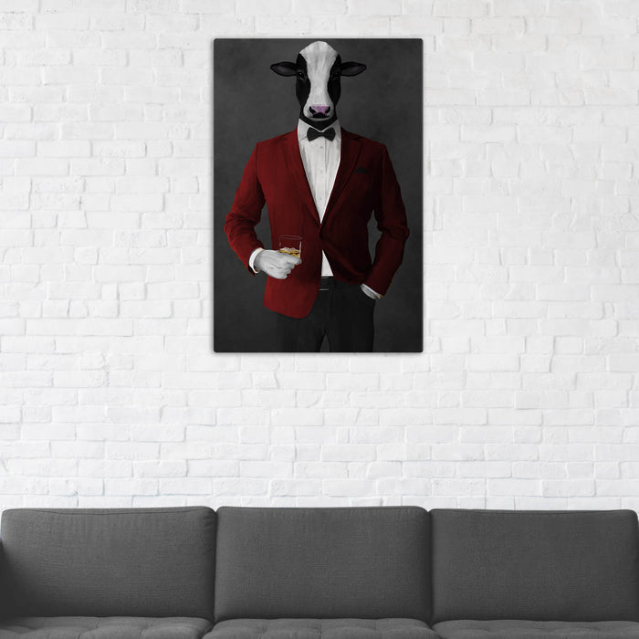 Cow Drinking Whiskey Wall Art - Red and Black Suit