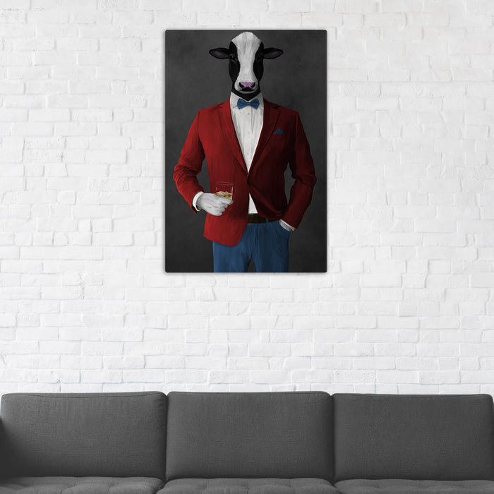 Cow Drinking Whiskey Wall Art - Red and Blue Suit