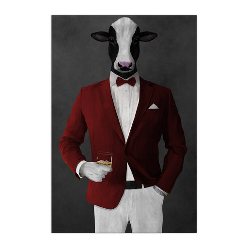 Cow Drinking Whiskey Wall Art - Red and White Suit