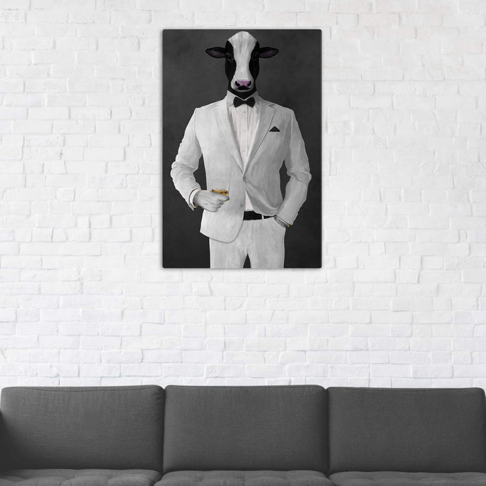 Cow Drinking Whiskey Wall Art - White Suit