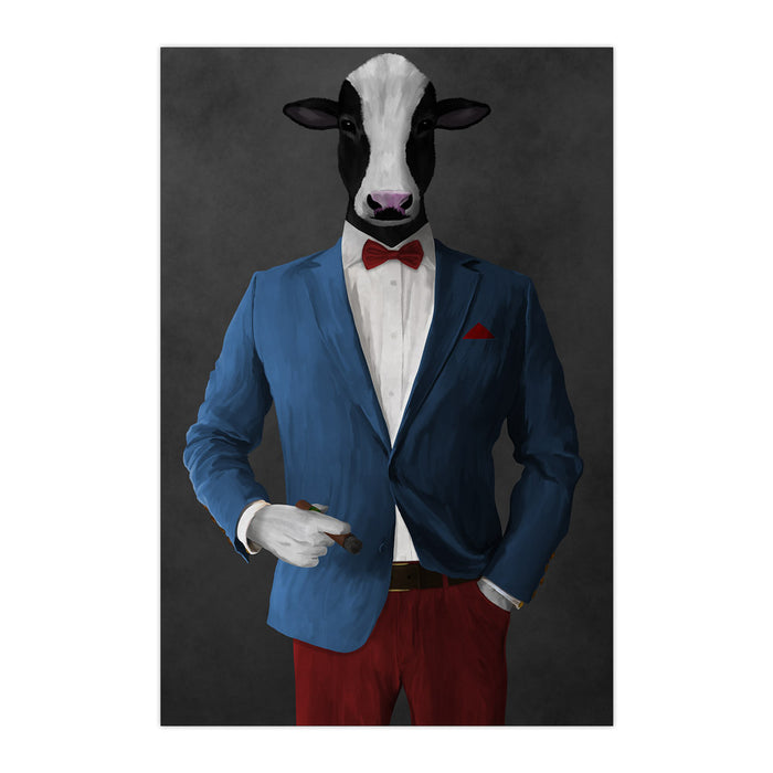 Cow Smoking Cigar Wall Art - Blue and Red Suit