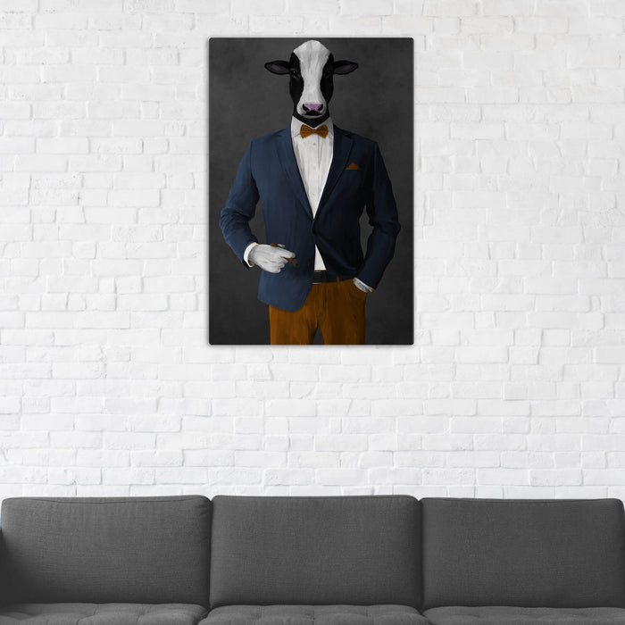 Cow Smoking Cigar Wall Art - Navy and Orange Suit