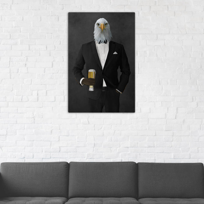 Bald eagle drinking beer wearing black suit wall art in man cave
