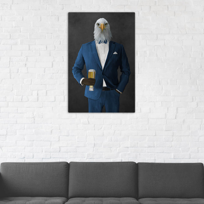 Bald eagle drinking beer wearing blue suit wall art in man cave
