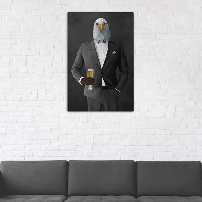 Bald eagle drinking beer wearing gray suit wall art in man cave