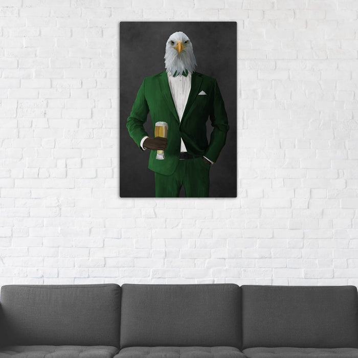 Bald eagle drinking beer wearing green suit wall art in man cave