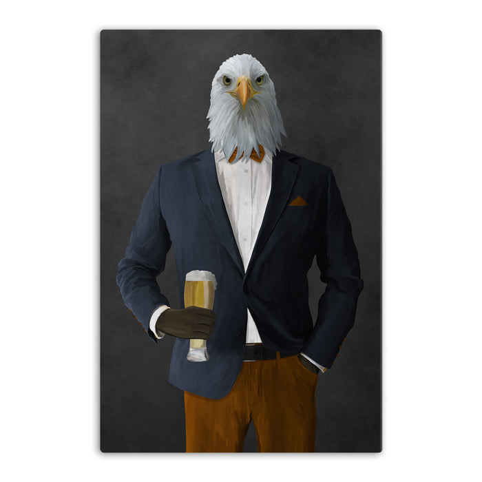 Bald eagle drinking beer wearing navy and orange suit canvas wall art