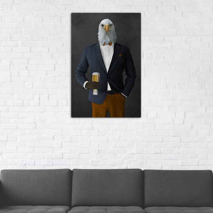 Bald eagle drinking beer wearing navy and orange suit wall art in man cave