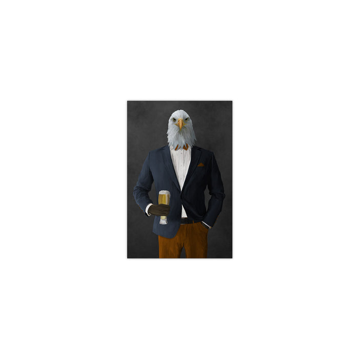 Bald eagle drinking beer wearing navy and orange suit small wall art print