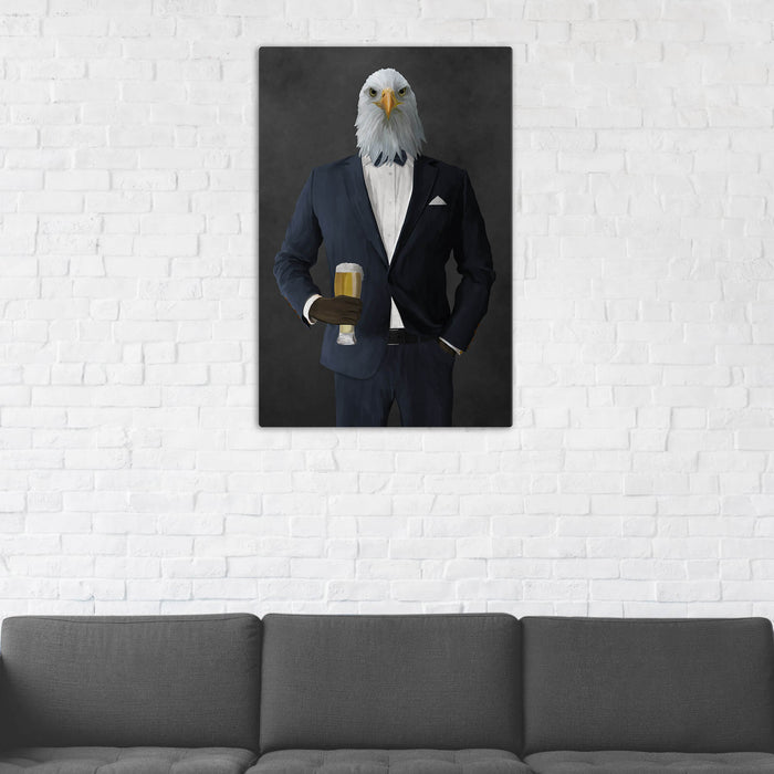 Bald eagle drinking beer wearing navy suit wall art in man cave