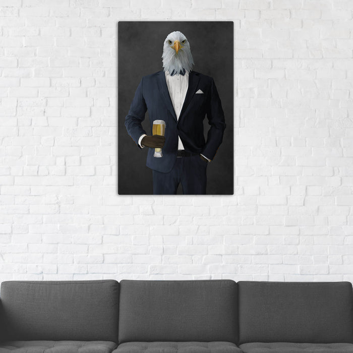 Bald eagle drinking beer wearing navy suit wall art in man cave