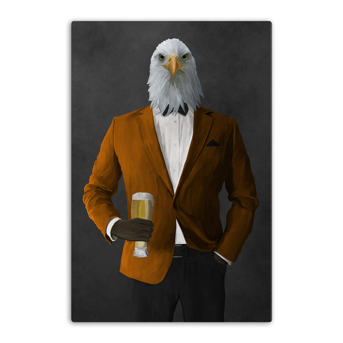 Bald eagle drinking beer wearing orange and black suit canvas wall art