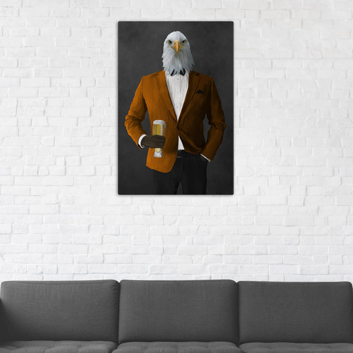 Bald eagle drinking beer wearing orange and black suit wall art in man cave