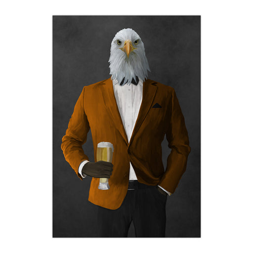 Bald eagle drinking beer wearing orange and black suit large wall art print