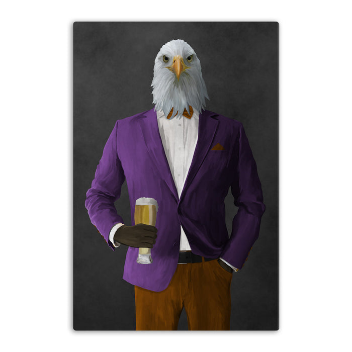 Bald eagle drinking beer wearing purple and orange suit canvas wall art