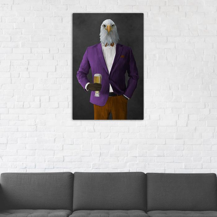 Bald eagle drinking beer wearing purple and orange suit wall art in man cave