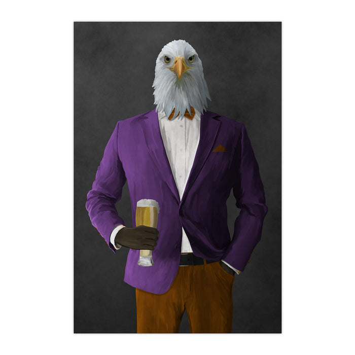 Bald eagle drinking beer wearing purple and orange suit large wall art print