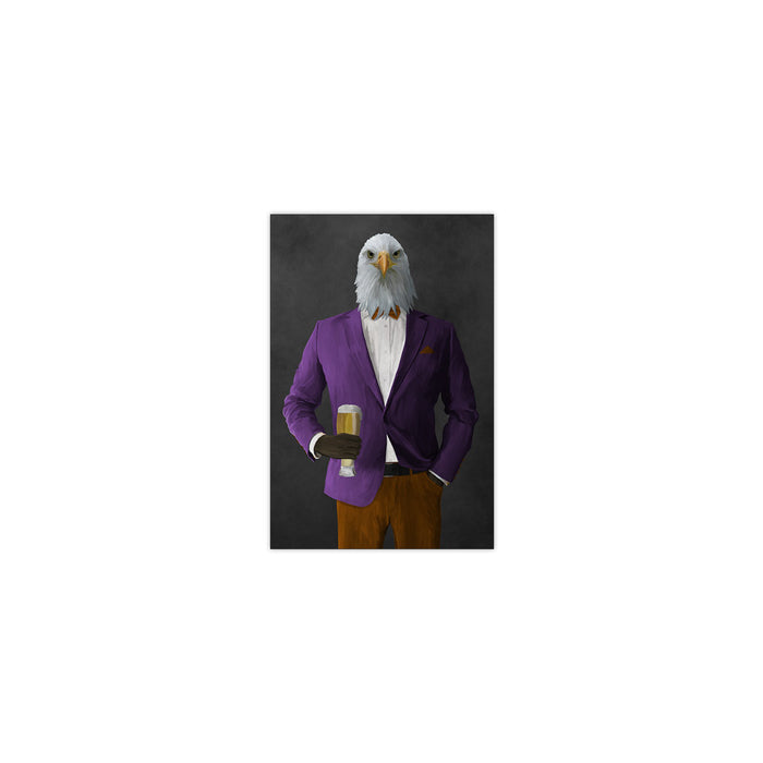 Bald eagle drinking beer wearing purple and orange suit small wall art print