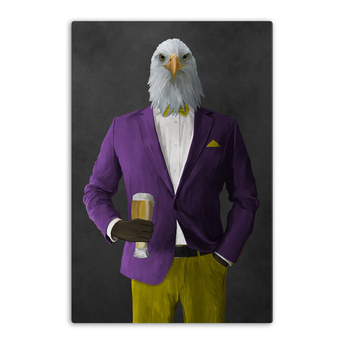 Bald eagle drinking beer wearing purple and yellow suit canvas wall art