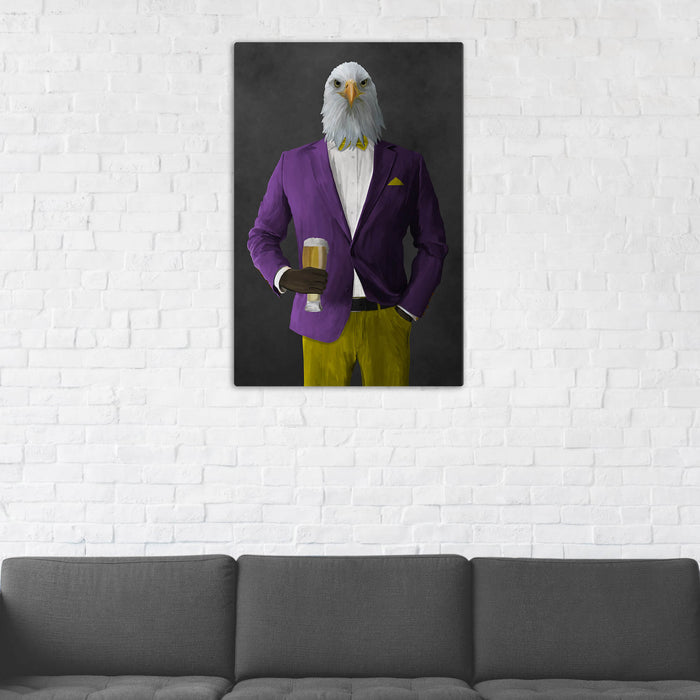 Bald eagle drinking beer wearing purple and yellow suit wall art in man cave