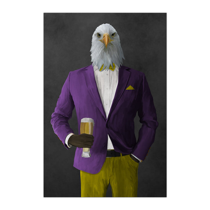 Bald eagle drinking beer wearing purple and yellow suit large wall art print