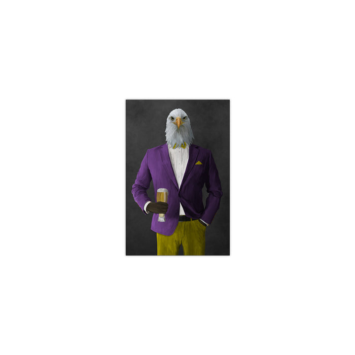 Bald eagle drinking beer wearing purple and yellow suit small wall art print