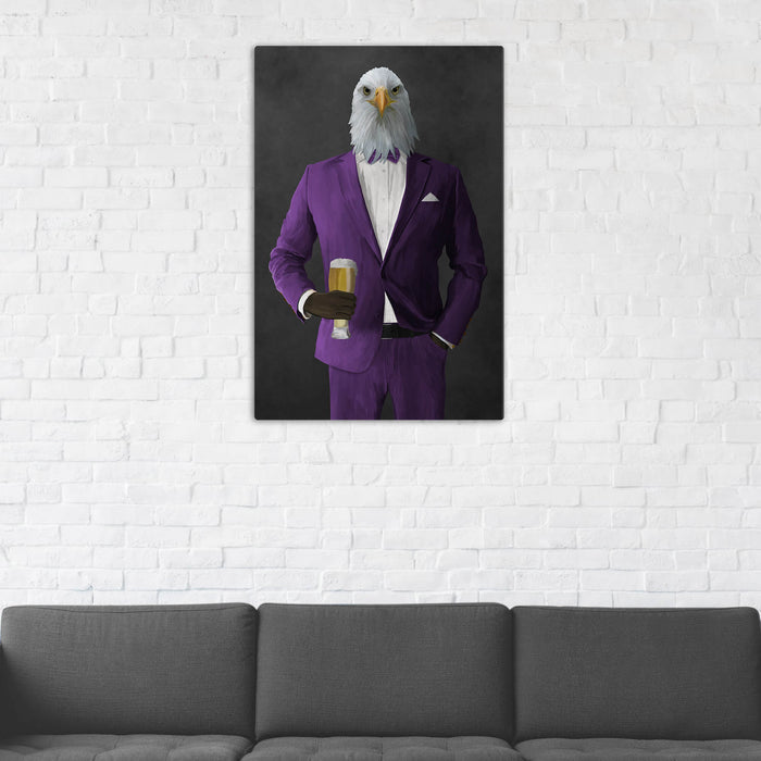 Bald eagle drinking beer wearing purple suit wall art in man cave