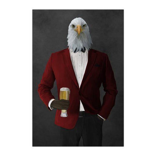 Bald eagle drinking beer wearing red and black suit large wall art print