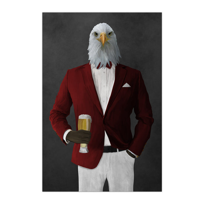 Bald eagle drinking beer wearing red and white suit large wall art print