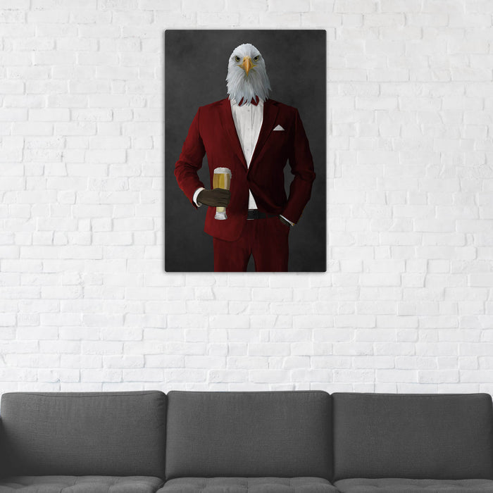 Bald eagle drinking beer wearing red suit wall art in man cave