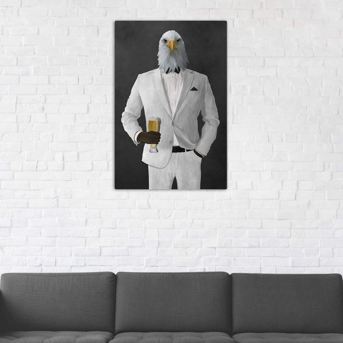 Bald eagle drinking beer wearing white suit wall art in man cave