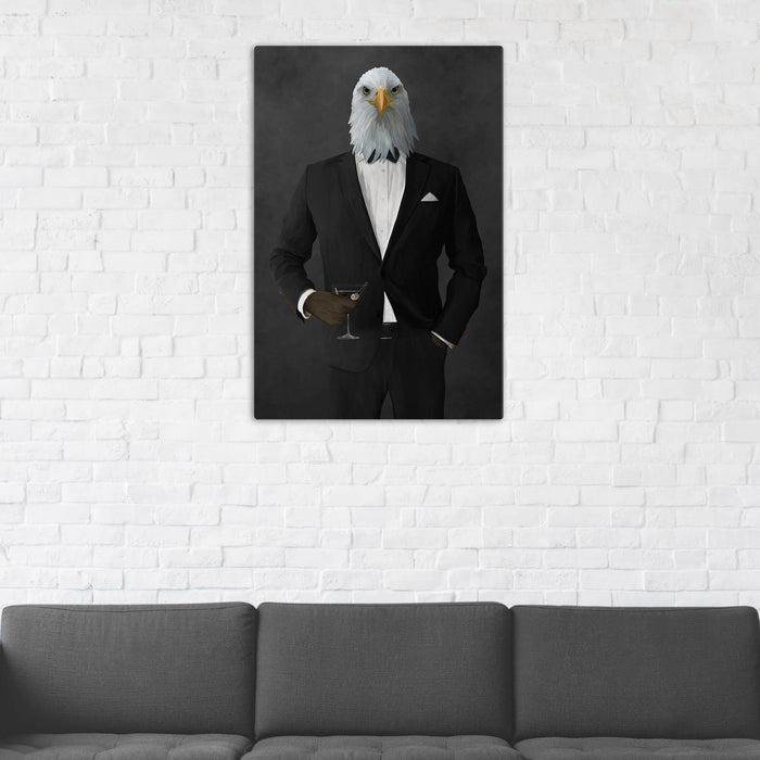 Bald eagle drinking martini wearing black suit wall art in man cave