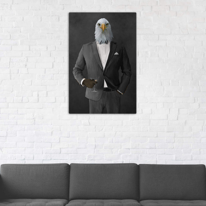 Bald eagle drinking martini wearing gray suit wall art in man cave