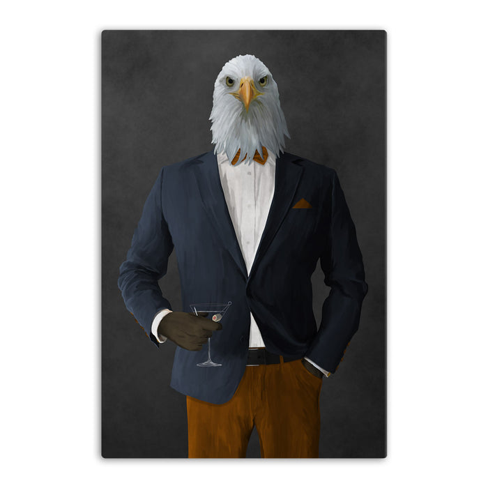 Bald eagle drinking martini wearing navy and orange suit canvas wall art