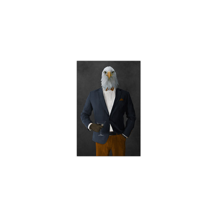 Bald eagle drinking martini wearing navy and orange suit small wall art print